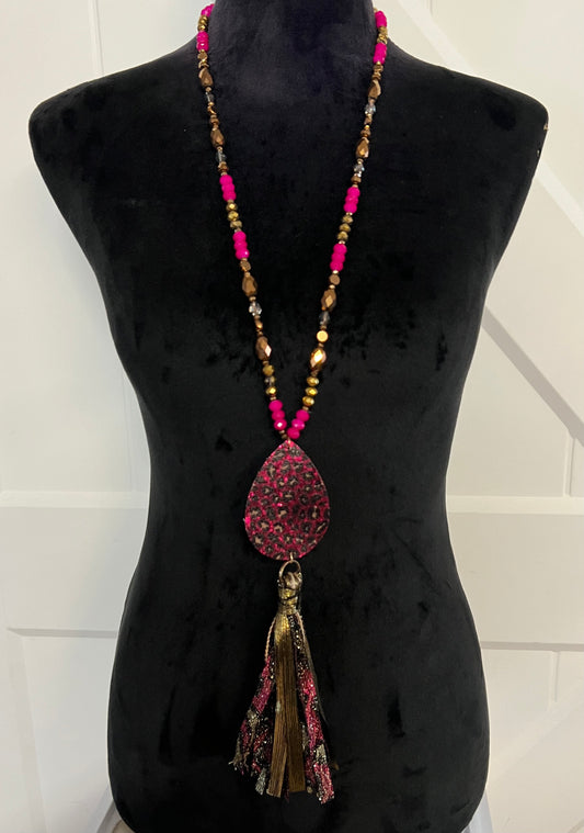 Pink and Gold Leopard Tassel Necklace