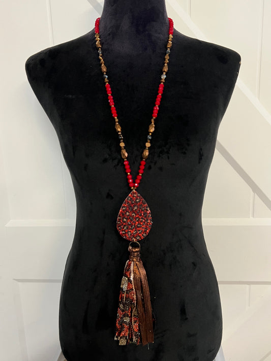 Red and Gold Leopard Tassel Necklace