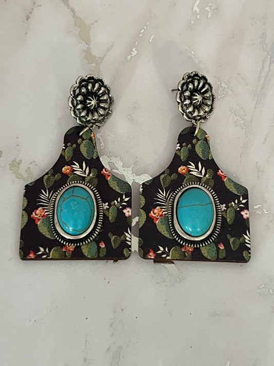 Cow Tag Turquoise Dangle Earrings